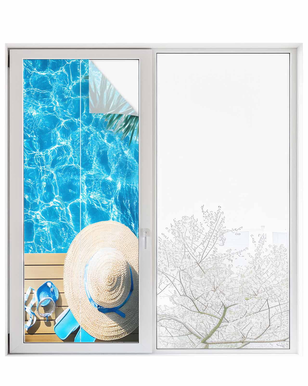 Window Privacy Film Coastal Ocean Stained Glass Window Film Decorative Sun Block Window Cover Blue Sea Pool Slippers Straw Hat Starfish Window Clings Static Adhesive Sticker for Bathroom 23.6"x59"