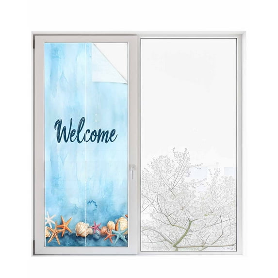 Window Privacy Film Coastal Ocean Stained Glass Window Film Decorative Sun Block Window Cover Blue Starfish Shell Watercolor Window Clings Static Adhesive Sticker for Bathroom 23.6"x59"
