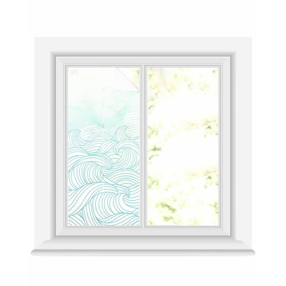 Window Privacy Film Coastal Ocean Stained Glass Window Film Decorative Sun Block Window Cover Modern Minimalist Sea Waves Striped Art Window Clings Static Adhesive Sticker for Bathroom 19.6"x39.3"