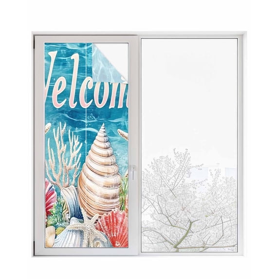 Window Privacy Film Coastal Ocean Stained Glass Window Film Decorative Sun Block Window Cover Summer Wave Starfish Coral Shell Window Clings Static Adhesive Sticker for Bathroom 23.6"x59"
