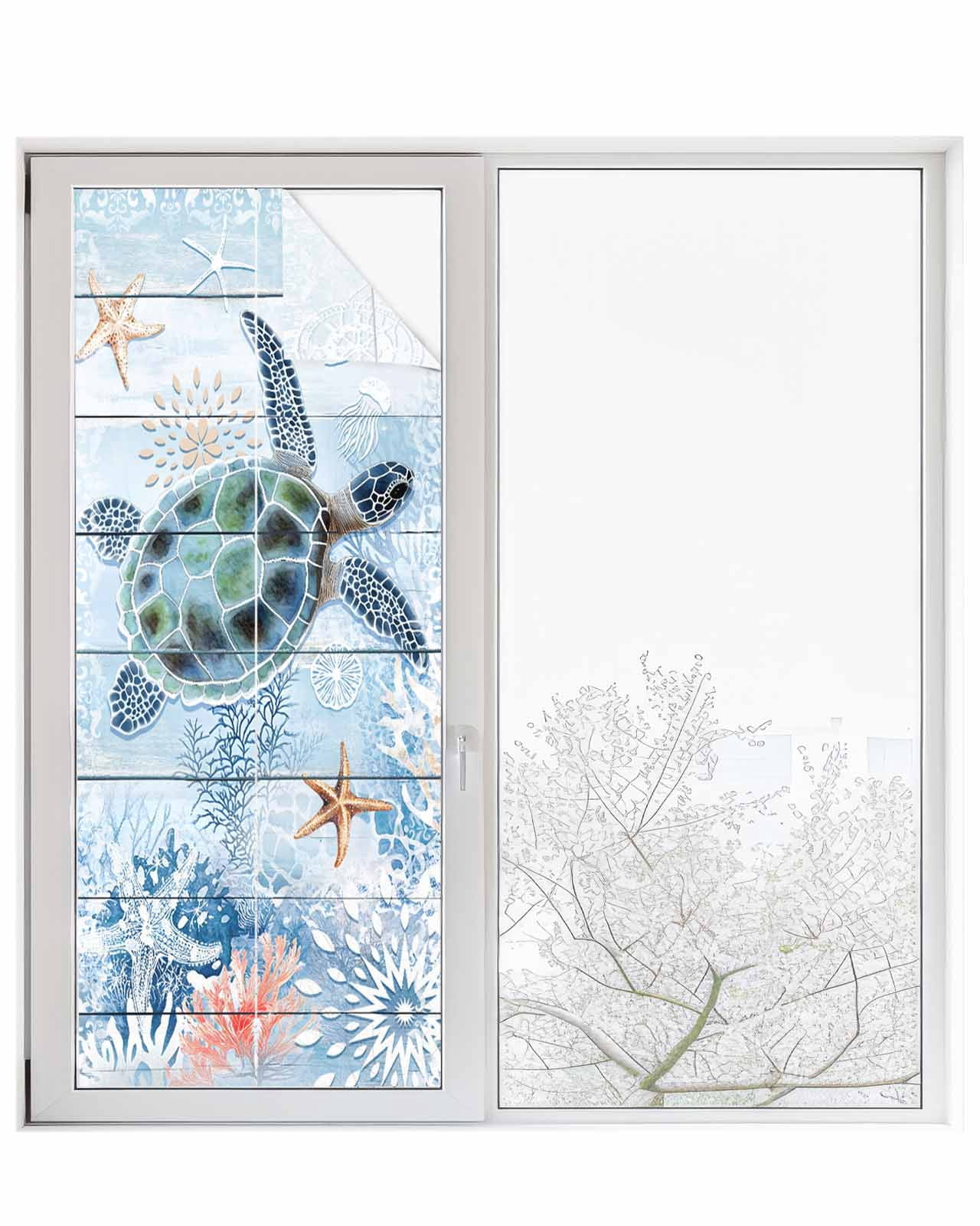Window Privacy Film Coastal Ocean Turtle Stained Glass Window Film Decorative Sun Block Window Cover Nautical Starfish Coral Wooden Grain Window Clings Static Adhesive Sticker for Bathroom 23.6"x59"