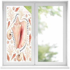 Window Privacy Film Coastal Sea Shells Stained Glass Window Film Decorative Sun Block Window Cover Beachy Shell Coral Pink Cream Window Clings Static Adhesive Sticker for Bathroom 17.7"x39.3"