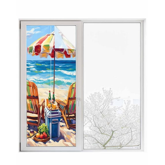 Window Privacy Film Coastal Sea Wave Stained Glass Window Film Decorative Sun Block Window Cover Summer Ocean Abstract Oil Painting Beach Window Clings Static Adhesive Sticker for Bathroom 23.6"x59"
