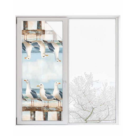 Window Privacy Film Coastal Seagull Stained Glass Window Film Decorative Sun Block Window Cover Summer Beach Ocean Bird Watercolor Window Clings Static Adhesive Sticker for Bathroom 23.6"x59"