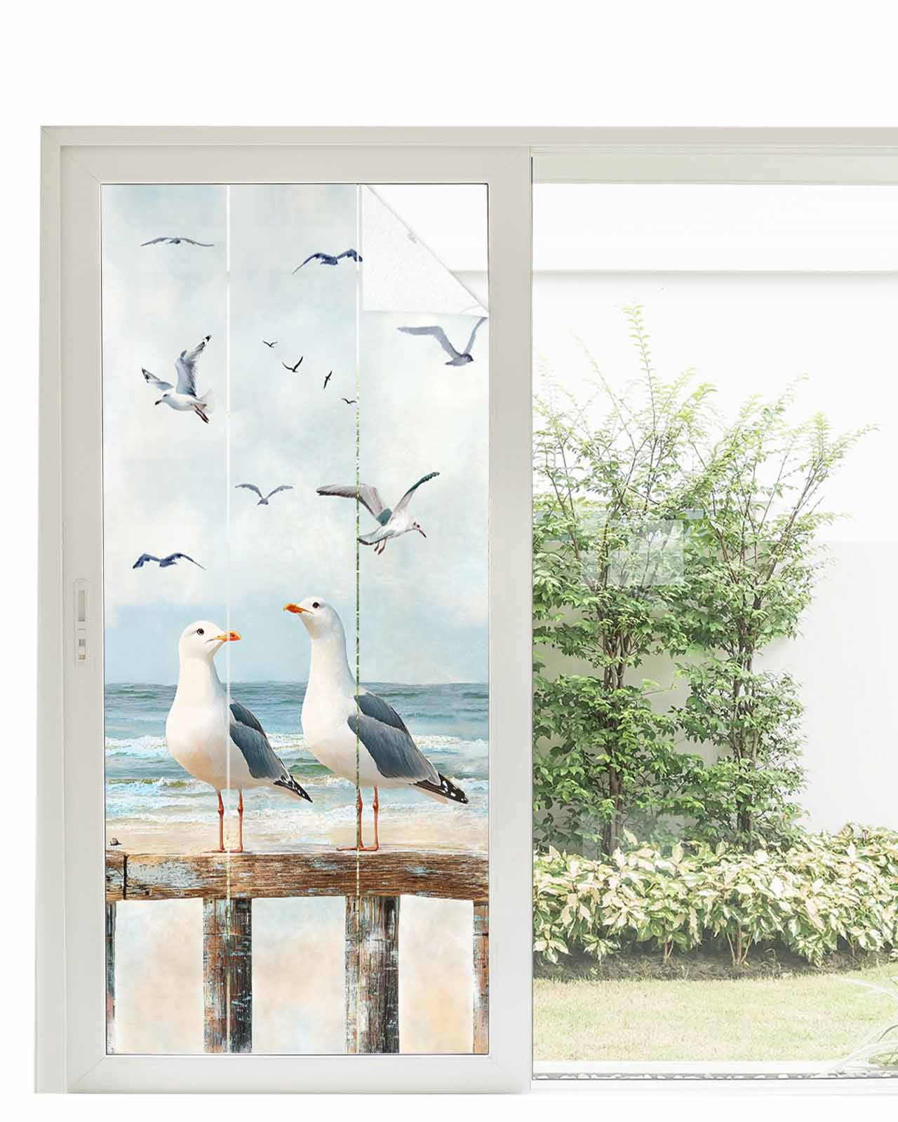 Window Privacy Film Coastal Seagull Stained Glass Window Film Decorative Sun Block Window Cover Summer Beach Ocean Birds Retro Window Clings Static Adhesive Sticker for Bathroom 35.4"x78.7"