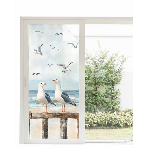 Window Privacy Film Coastal Seagull Stained Glass Window Film Decorative Sun Block Window Cover Summer Beach Ocean Birds Retro Window Clings Static Adhesive Sticker for Bathroom 35.4"x78.7"