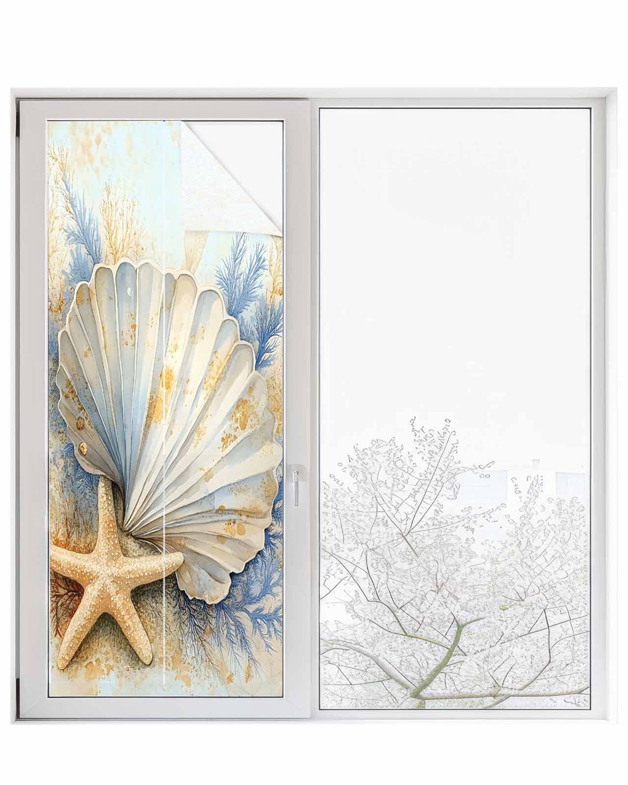 Window Privacy Film Coastal Shell Stained Glass Window Film Decorative Sun Block Window Cover Starfish Summer Beach Nautical Ocean Window Clings Static Adhesive Sticker for Bathroom 29.5"x78.7"