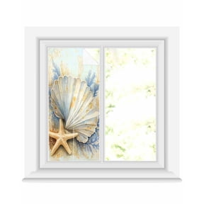 Window Privacy Film Coastal Shell Stained Glass Window Film Decorative Sun Block Window Cover Starfish Summer Beach Nautical Ocean Window Clings Static Adhesive Sticker for Bathroom 17.7"x39.3"
