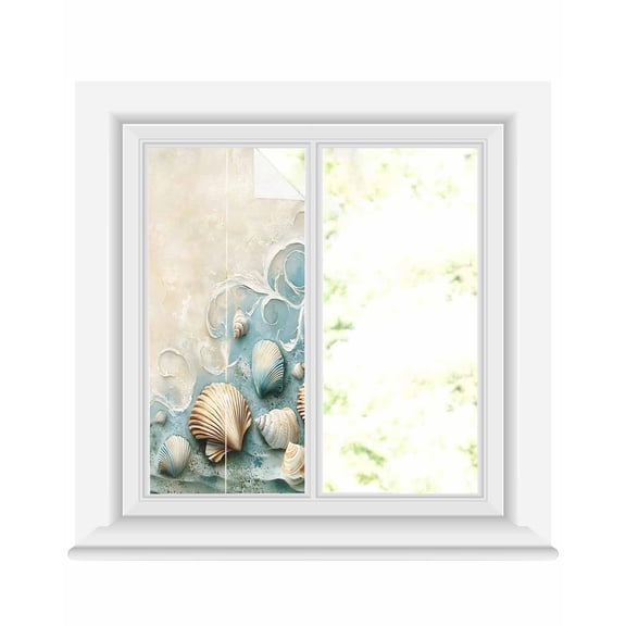 Window Privacy Film Coastal Shell Stained Glass Window Film Decorative Sun Block Window Cover Summer Beach Nautical Seaside Window Clings Static Adhesive Sticker for Bathroom 19.6"x39.3"