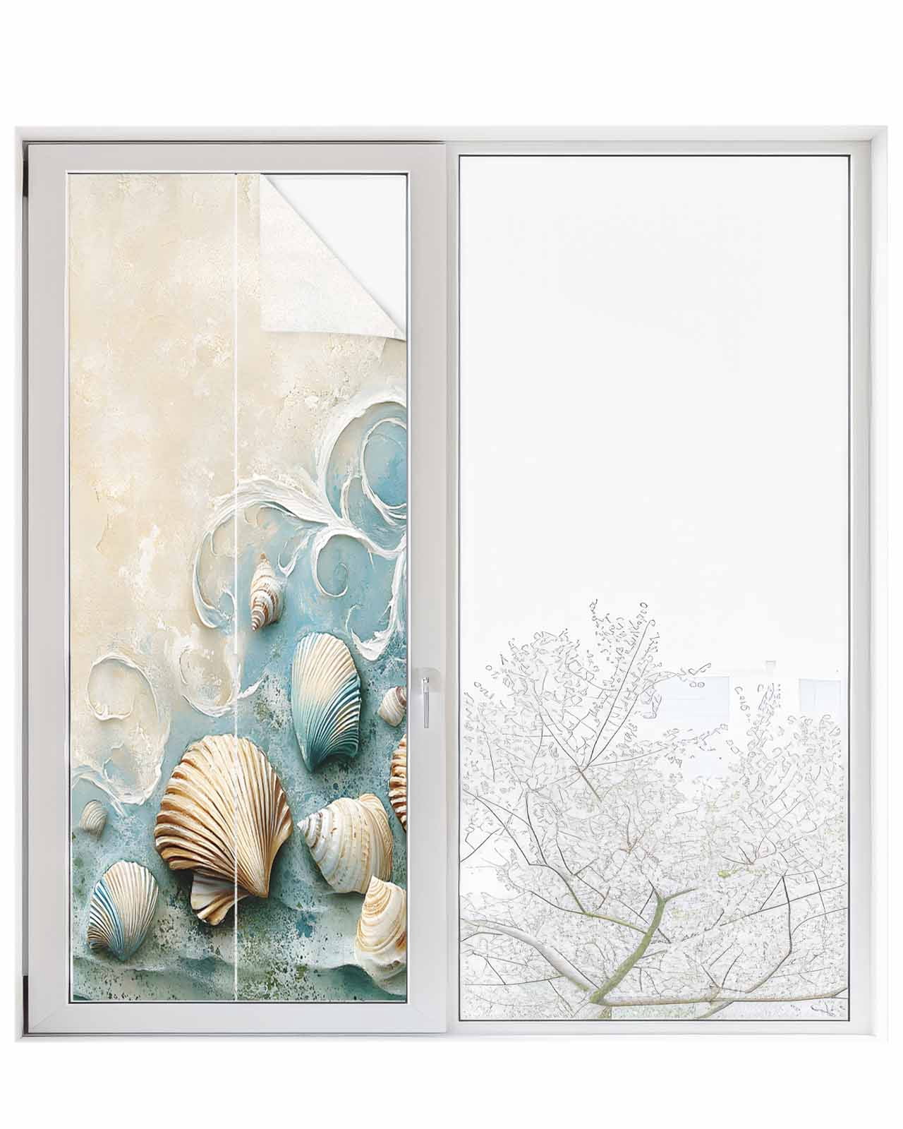 Window Privacy Film Coastal Shell Stained Glass Window Film Decorative Sun Block Window Cover Summer Beach Nautical Seaside Window Clings Static Adhesive Sticker for Bathroom 23.6"x59"