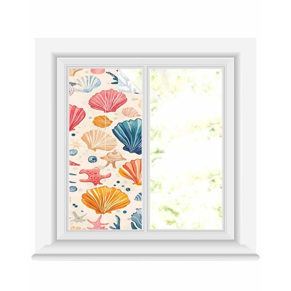 Window Privacy Film Coastal Shell Stained Glass Window Film Decorative Sun Block Window Cover Summer Nautical Shell Beach Starfish Sea Window Clings Static Adhesive Sticker for Bathroom 19.6"x39.3"