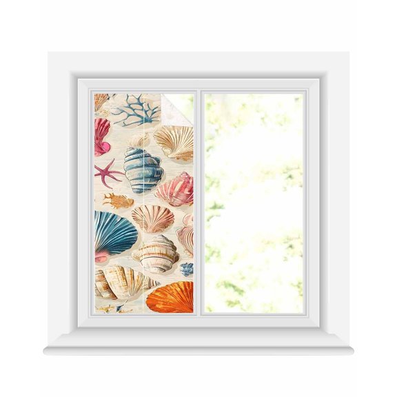 Window Privacy Film Coastal Shell Stained Glass Window Film Decorative Sun Block Window Cover Summer Nautical Shell Beach Starfish Window Clings Static Adhesive Sticker for Bathroom 19.6"x39.3"