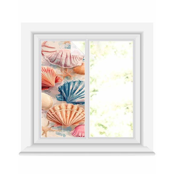 Window Privacy Film Coastal Stained Glass Window Film Decorative Sun Block Window Cover Summer Beach Nautical Shell Starfish Window Clings Static Adhesive Sticker for Bathroom 17.7"x39.3"