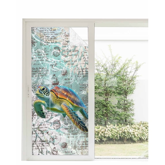 Window Privacy Film Coastal Turtle Stained Glass Window Film Decorative Sun Block Window Cover Farmhouse Ocean Nautical Marine Life Window Clings Static Adhesive Sticker for Bathroom 35.4"x78.7"