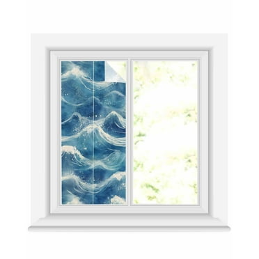 Window Privacy Film Coastal Waves Stained Glass Window Film Decorative Sun Block Window Cover Summer Beach Ocean Nautical Burlap Window Clings Static Adhesive Sticker for Bathroom 19.6"x39.3"