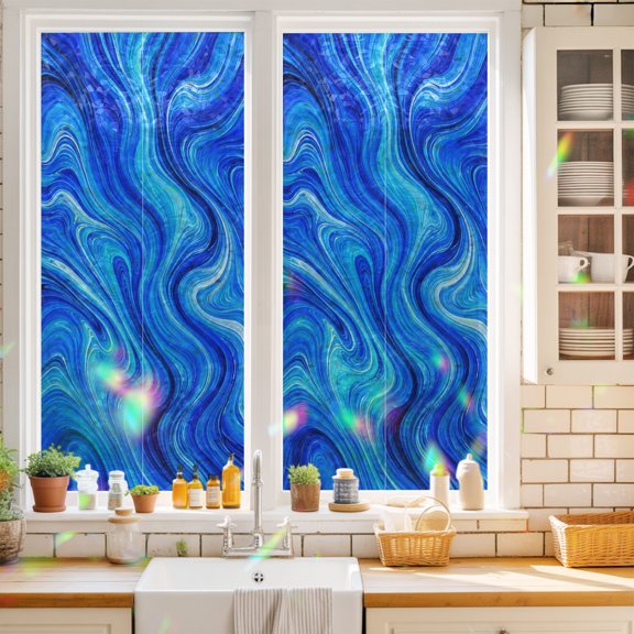 Window Privacy Film,Cobalt Blue Swirling Waves Static Clings Decorative Rainbow Window Films Stickers Marble Veins Pattern Sun Blocking Glass Cover for Home Bathroom Office,17.7"x39.3"