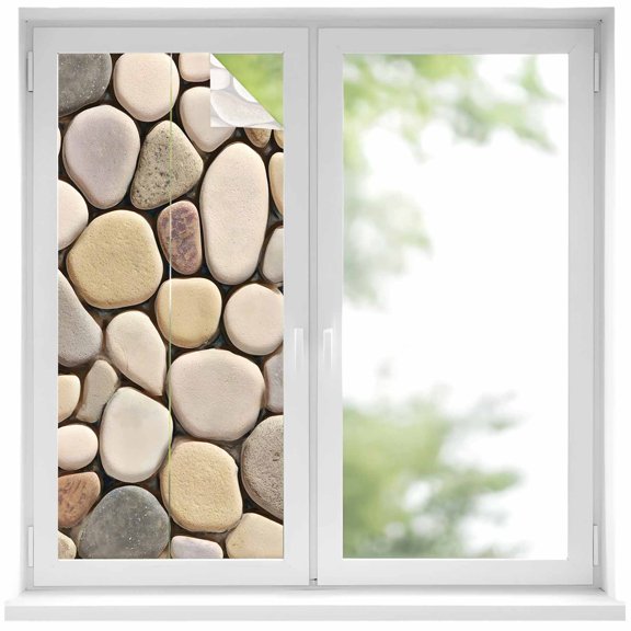 Window Privacy Film Cobblestones Stained Glass Window Film Decorative Sun Block Window Cover Natural Stones Gravel Rock Aesthetic Art Window Clings Static Adhesive Sticker for Bathroom 17.7"x39.3"