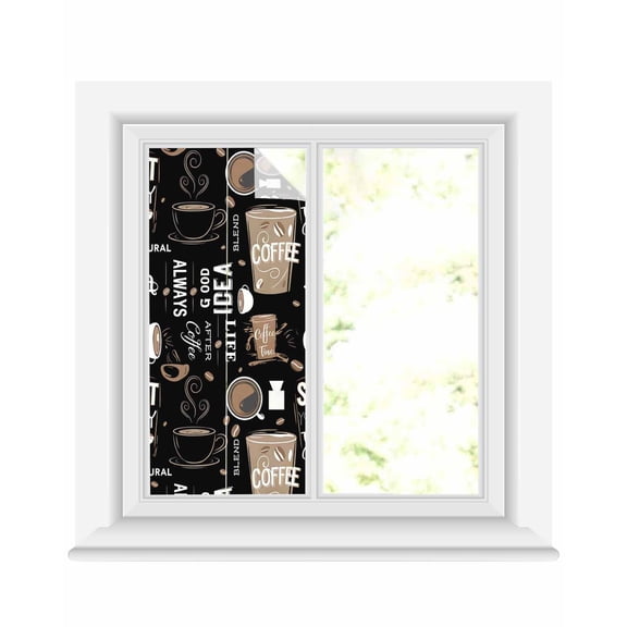 Window Privacy Film Coffee Black Stained Glass Window Film Decorative Sun Block Window Cover Brown Beans Cup Dessert Drink Monochrome Window Clings Static Adhesive Sticker for Bathroom 17.7"x39.3"