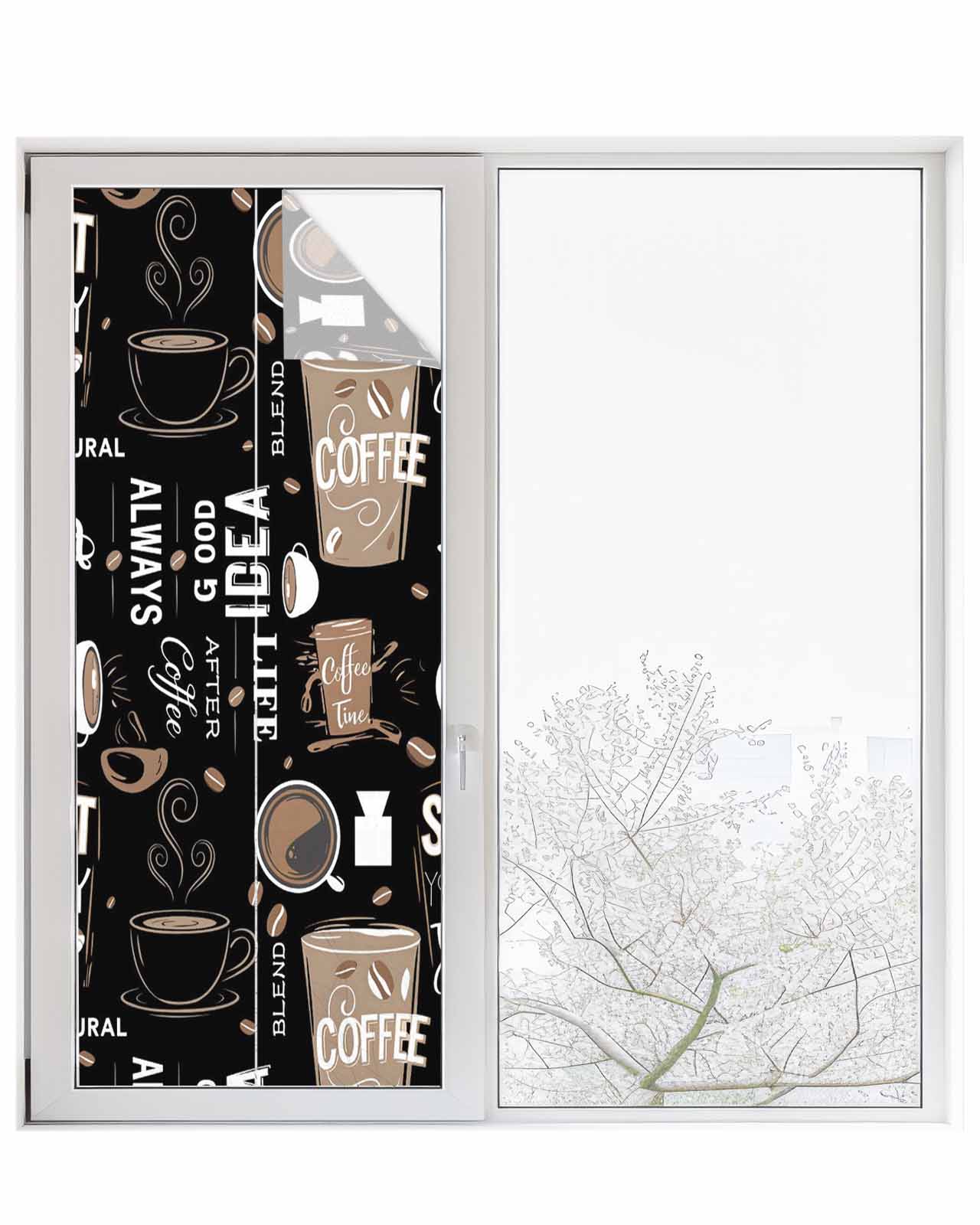 Window Privacy Film Coffee Black Stained Glass Window Film Decorative Sun Block Window Cover Brown Beans Cup Dessert Drink Monochrome Window Clings Static Adhesive Sticker for Bathroom 23.6"x59"