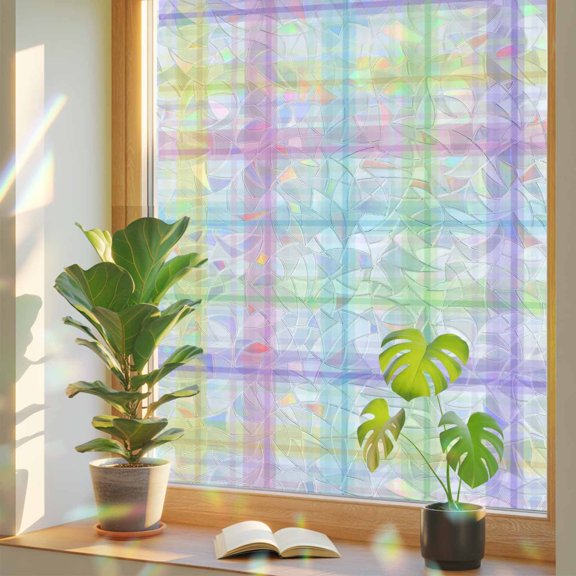Window Privacy Film Color Buffalo Plaid Stained Glass Window Film Colorful Check Rainbow Static Window Clings for Glass Windows Home Bathroom Living Room Office Glass Door Sticker 17.7"39.3"
