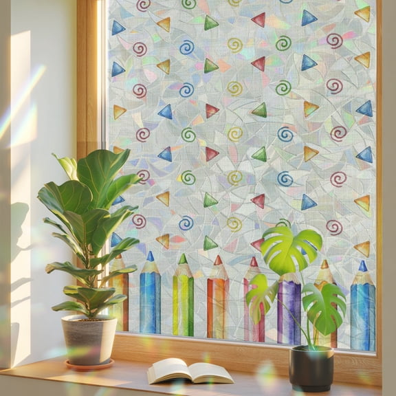 Window Privacy Film Colored Pencils Stained Glass Window Film Childlike Building Blocks Linen Rainbow Static Window Clings for Glass Windows Home Bathroom Living Room Office Door Sticker 17.7"39.3"