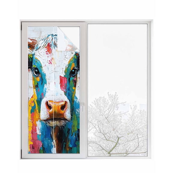 Window Privacy Film Colorful Cow Stained Glass Window Film Decorative Sun Block Window Cover Rustic Vintage Abstract Oil Painting Art Window Clings Static Adhesive Sticker for Bathroom 23.6"x59"