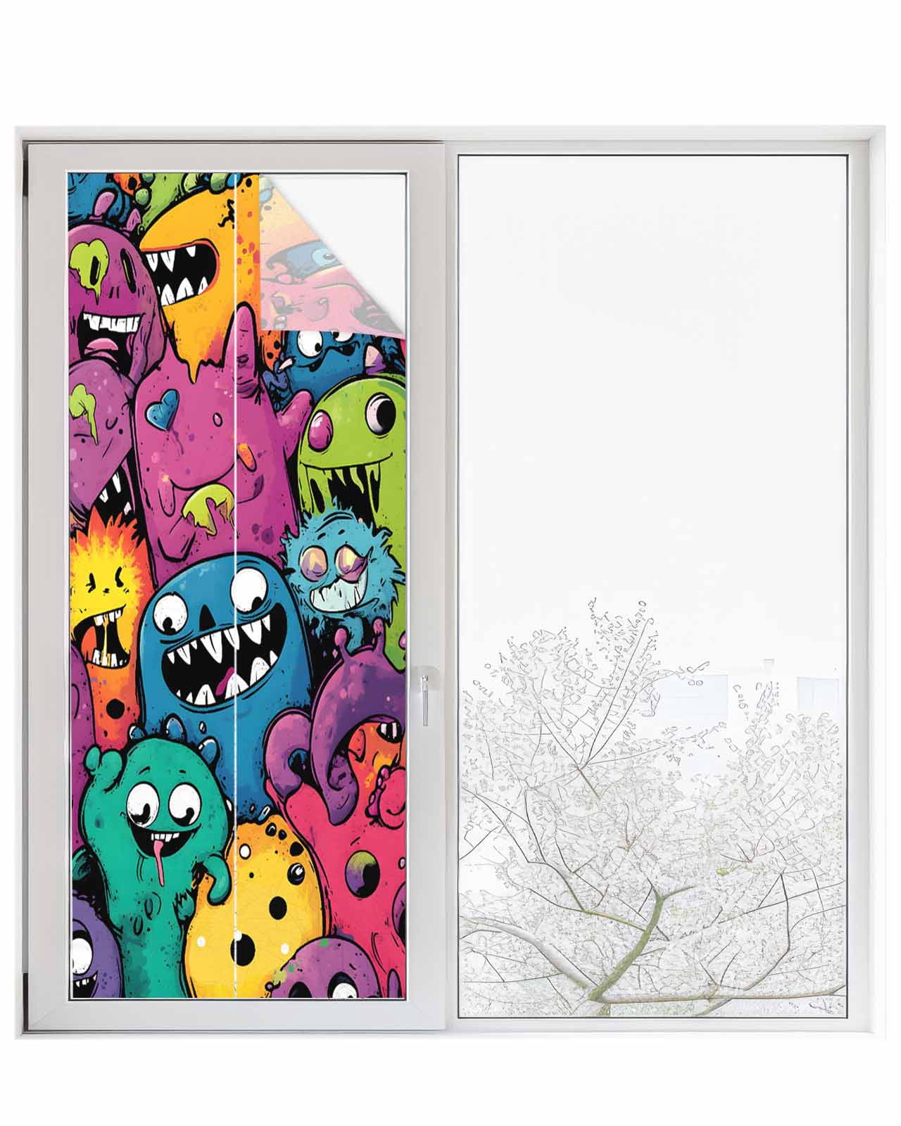 Window Privacy Film Colorful Cute Monsters Stained Glass Window Film Decorative Sun Block Window Cover Abstract Art Modern Window Clings Static Adhesive Sticker for Bathroom 23.6"x59"