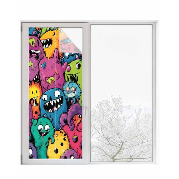 Window Privacy Film Colorful Cute Monsters Stained Glass Window Film Decorative Sun Block Window Cover Abstract Art Modern Window Clings Static Adhesive Sticker for Bathroom 23.6"x59"