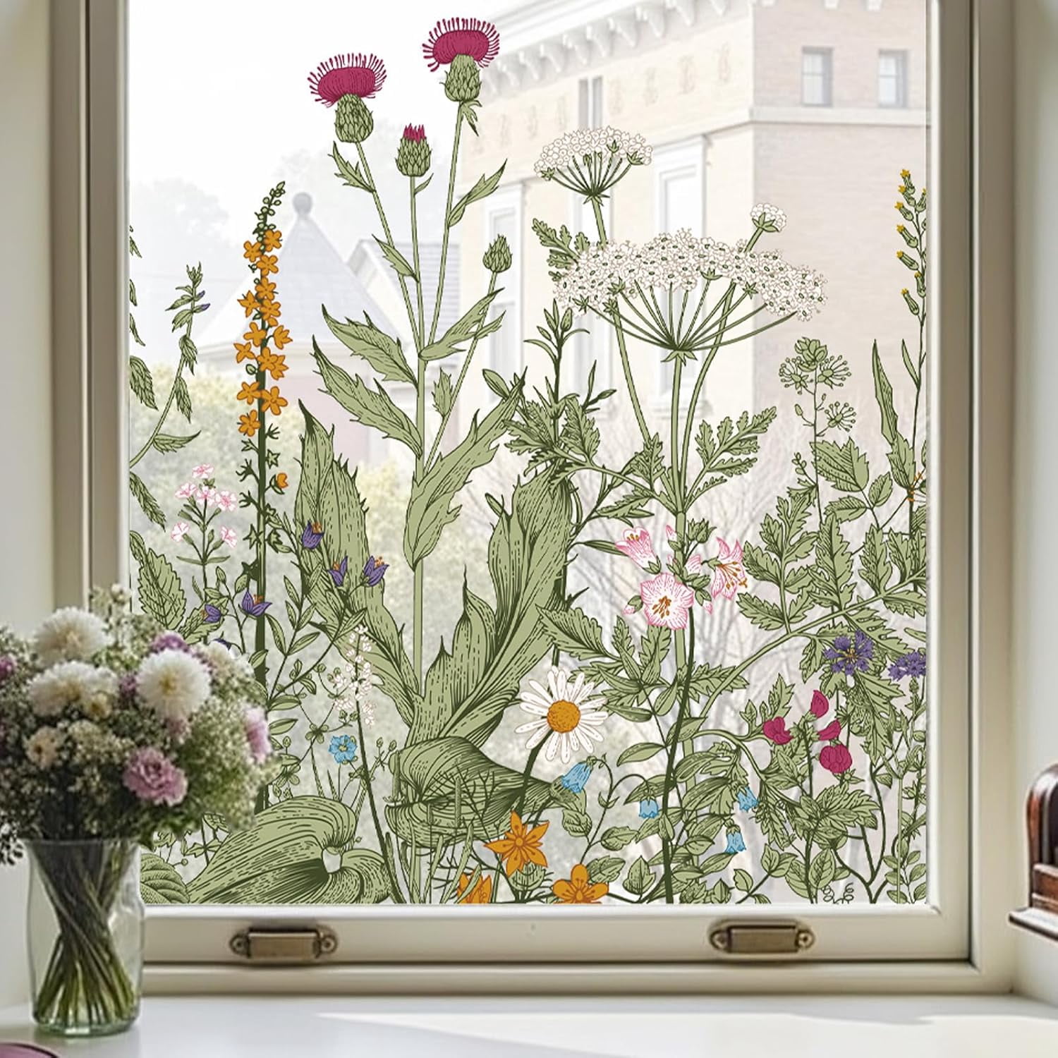 Window Privacy Film,Colorful Floral Window Stickers,Removable DIY Bouquet Static Clins, Decals for Home School Office Party Supplies, Wildflower Reverie, 17.5 x 78.7 in