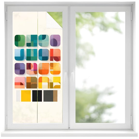 Window Privacy Film Colorful Geometric Stained Glass Window Film Decorative Sun Block Window Cover Modern Abstract Art Collage Window Clings Static Adhesive Sticker for Bathroom 19.6"x39.3"