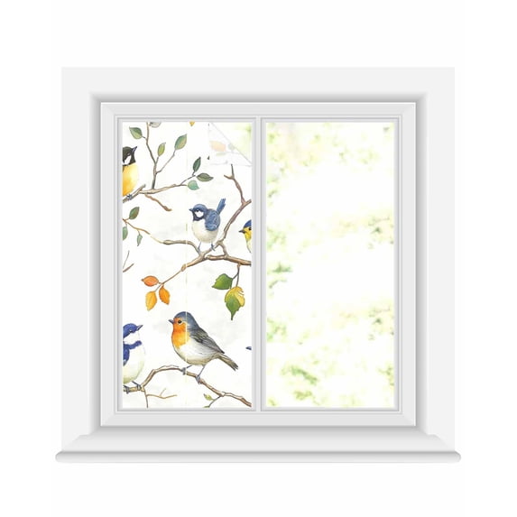 Window Privacy Film Colorful Leaf Bird Stained Glass Window Film Decorative Sun Block Window Cover Spring Summer Animal Painting Tree Window Clings Static Adhesive Sticker for Bathroom 17.7"x39.3"