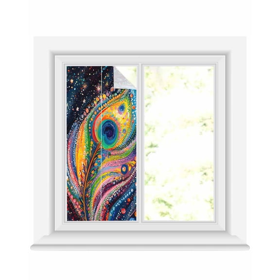 Window Privacy Film Colorful Peacock Feathers Stained Glass Window Film Decorative Sun Block Window Cover Abstract Watercolor Oil Painting Window Clings Static Sticker for Bathroom 17.7"x39.3"