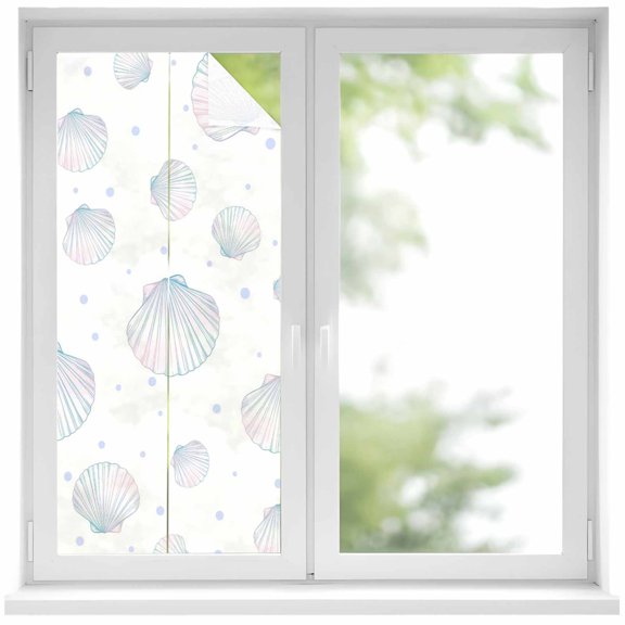 Window Privacy Film Colorful Shell Coastal Stained Glass Window Film Decorative Sun Block Window Cover Nautical Summer Beach Ocean Sea Window Clings Static Adhesive Sticker for Bathroom 17.7"x39.3"