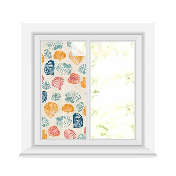 Window Privacy Film Colorful Shell Stained Glass Window Film Decorative Sun Block Window Cover Beige Burlap Summer Beach Coastal Window Clings Static Adhesive Sticker for Bathroom 19.6"x39.3"