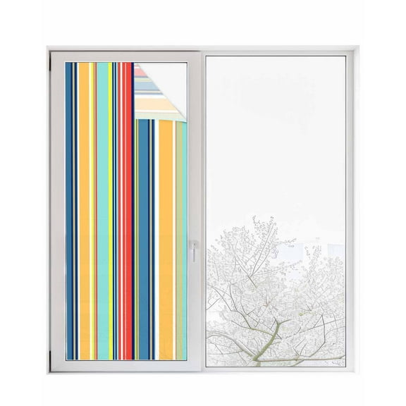 Window Privacy Film Colorful Stripes Stained Glass Window Film Decorative Sun Block Window Cover Mexican Red Blue Aqua Yellow Geometric Window Clings Static Adhesive Sticker for Bathroom 23.6"x59"