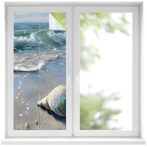 Window Privacy Film Conch Shell Summer Beach Stained Glass Window Film Decorative Sun Block Window Cover Coastal Ocean Nautical Window Clings Static Adhesive Sticker for Bathroom 17.7"x39.3"
