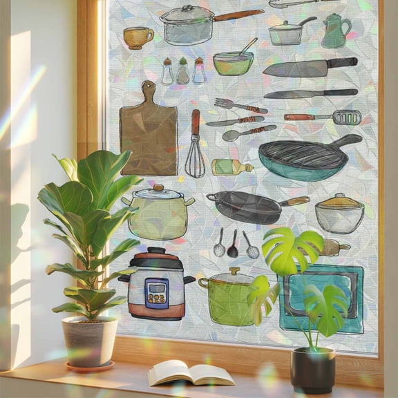 Window Privacy Film Cooking Kitchenware Stained Glass Window Film Kitchen Tool Pattern Rainbow Static Window Clings for Glass Windows Home Bathroom Living Room Office Glass Door Sticker 17.7"39.3"