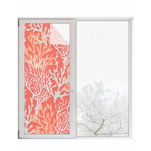Window Privacy Film, Coral Red Coral UV Sun Blocking Window Tint Film Heat Control One Way Blackout Window Film, Spring Summer Coastal Nautical Ocean Beach Non Adhesive Static Cling 29.5x78.7 In