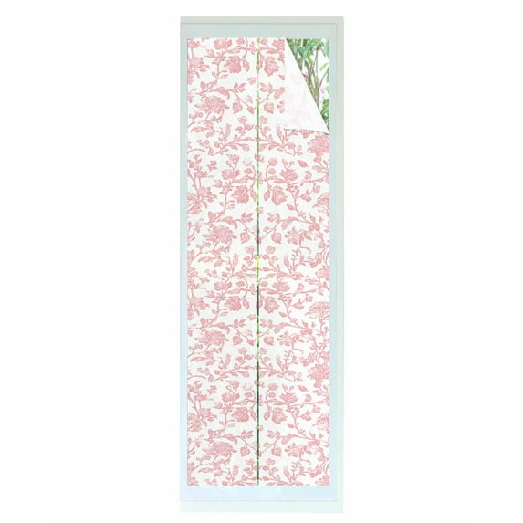 Window Privacy Film Coral Red Flower Stained Glass Window Film Decorative Sun Block Window Cover Vintage Farmhouse Boho Leaf Spring Window Clings Static Adhesive Sticker for Bathroom 29.5"x118"
