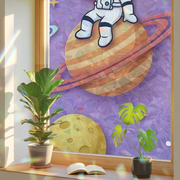 Window Privacy Film Cosmonaut Planet Rocket Ship Stained Glass Static Cling 18x39inch, Cartoon Outer Space Purple Rainbow Window Film Glass Sticker for Bathroom Bedroom Home