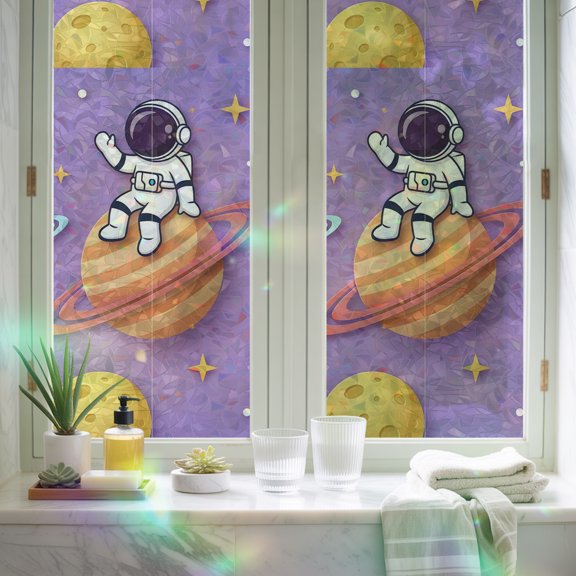 Window Privacy Film,Cosmonaut Planet Rocket Ship Static Clings Decorative Rainbow Window Films Stickers Cartoon Outer Space Purple Sun Blocking Glass Cover for Home Bathroom Office,17.7"x39.3"