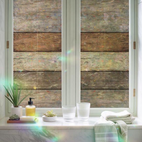 Window Privacy Film,Country Brown Wood Board Static Clings Decorative Rainbow Window Films Stickers Farmhouse Vintage Plank Sun Blocking Glass Cover for Home Bathroom Office,17.7"x39.3"