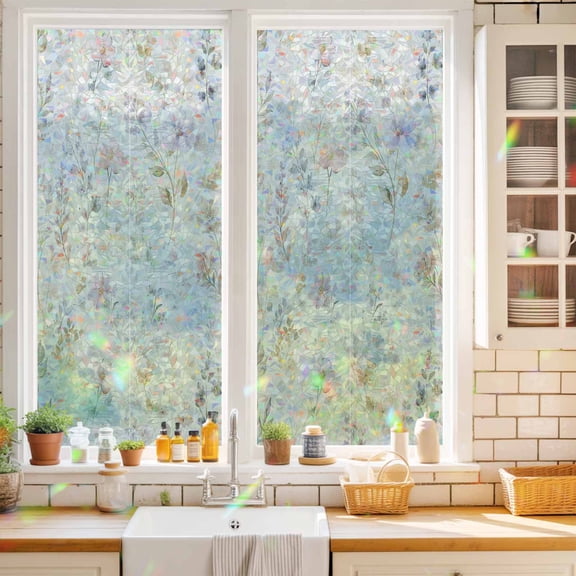 Window Privacy Film,Country Colorful Floral Herb Static Clings Decorative Rainbow Window Films Stickers Retro Blossom Flower Sun Blocking Glass Cover for Home Bathroom Office,17.7"x39.3"