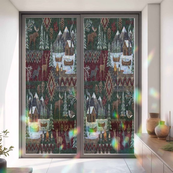 Window Privacy Film,Country Deer Pine Tree Campfire Static Clings Decorative Rainbow Window Films Stickers Abstract Farm Scenery Sun Blocking Glass Cover for Home Bathroom Office,35.4"x78.7"