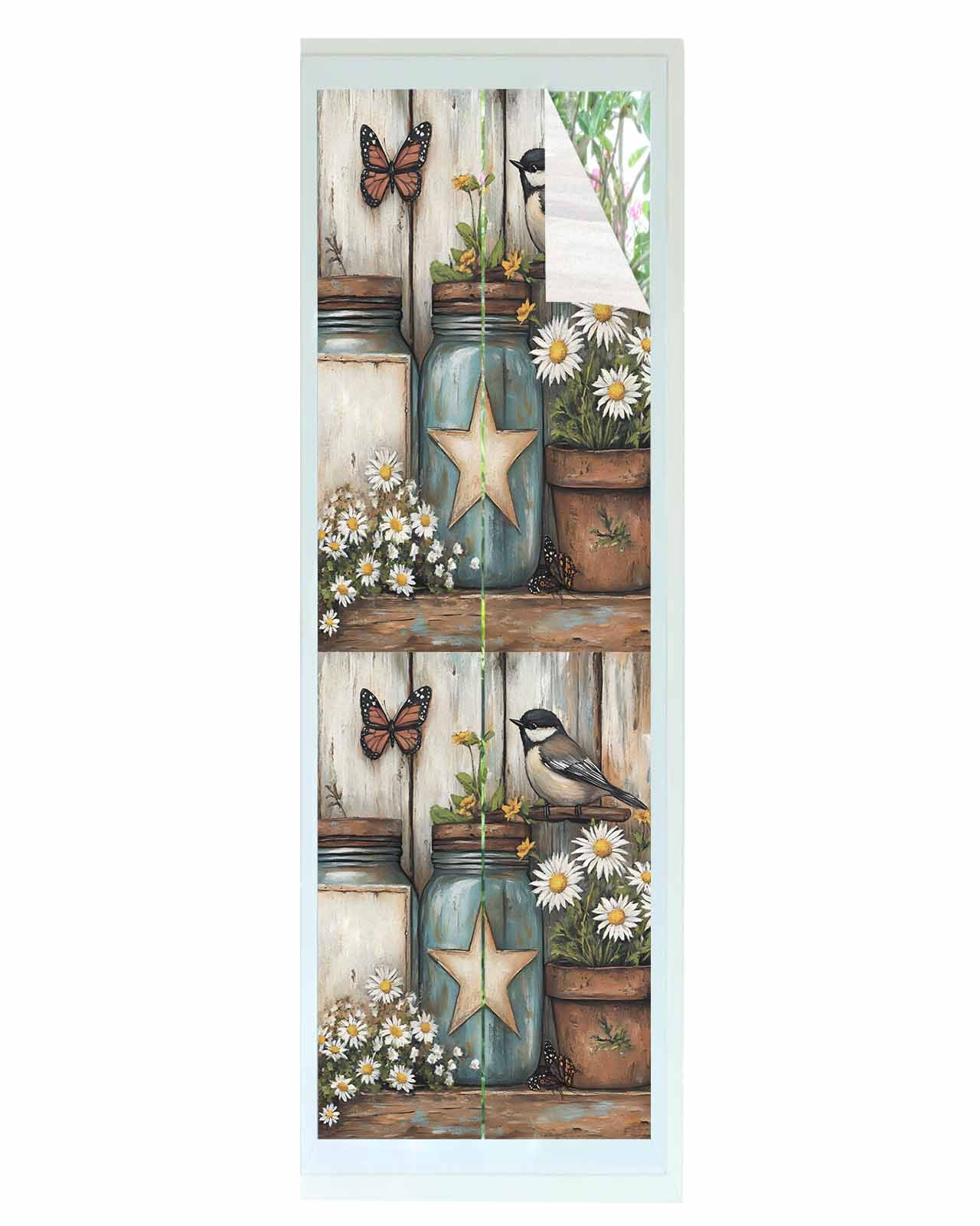 Window Privacy Film Country Flower Stained Glass Window Film Decorative Sun Block Window Cover Retro Western Texas Star Butterfly Bird Window Clings Static Adhesive Sticker for Bathroom 17.7"x78.7"