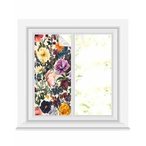 Window Privacy Film Country Flowers Stained Glass Window Film Decorative Sun Block Window Cover Retro Pastoral Colorful Floral Herbs Window Clings Static Adhesive Sticker for Bathroom 19.6"x39.3"