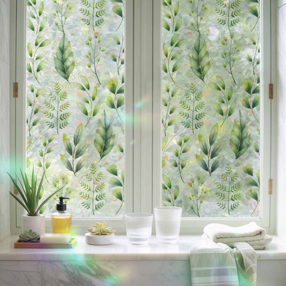 Window Privacy Film,Country Green Leaves Herb Static Clings Decorative Rainbow Window Films Stickers Spring Botanical Branches Sun Blocking Glass Cover for Home Bathroom Office,17.7"x39.3"