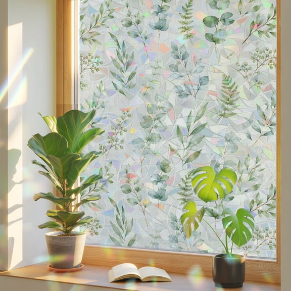 Window Privacy Film Country Herb Ombre Botanical Stained Glass Static Cling 18x39inch, Farm Eucalyptus Leaves Rainbow Window Film Glass Sticker for Bathroom Bedroom Home