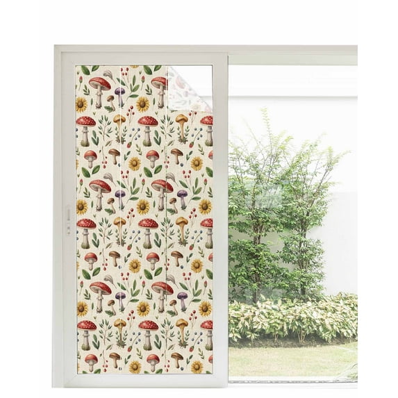 Window Privacy Film Country Mushroom Stained Glass Window Film Decorative Sun Block Window Cover Vintage Fall Botanical Flowers Leaves Window Clings Static Adhesive Sticker for Bathroom 35.4"x78.7"