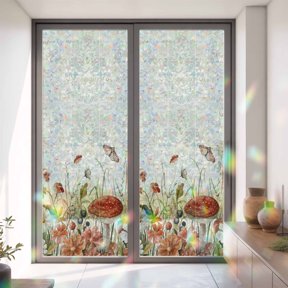 Window Privacy Film,Country Mushrooms Leaves Plant Static Clings Decorative Rainbow Window Films Stickers Vintage Letter Stamp Sun Blocking Glass Cover for Home Bathroom Office,35.4"x78.7"